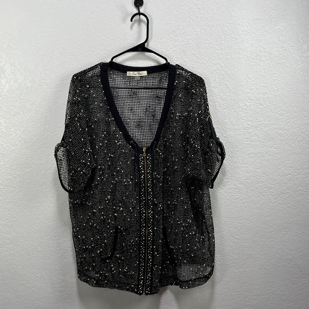 Onque Black Cream Mesh Zip Up Top Sz 1X Short Sleeve office Business TC0731